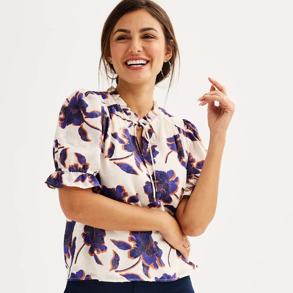 DRAPER JAMES RSVP Tie Neck Jacquard Woven Top Size M Blue Brown Floral Workwear